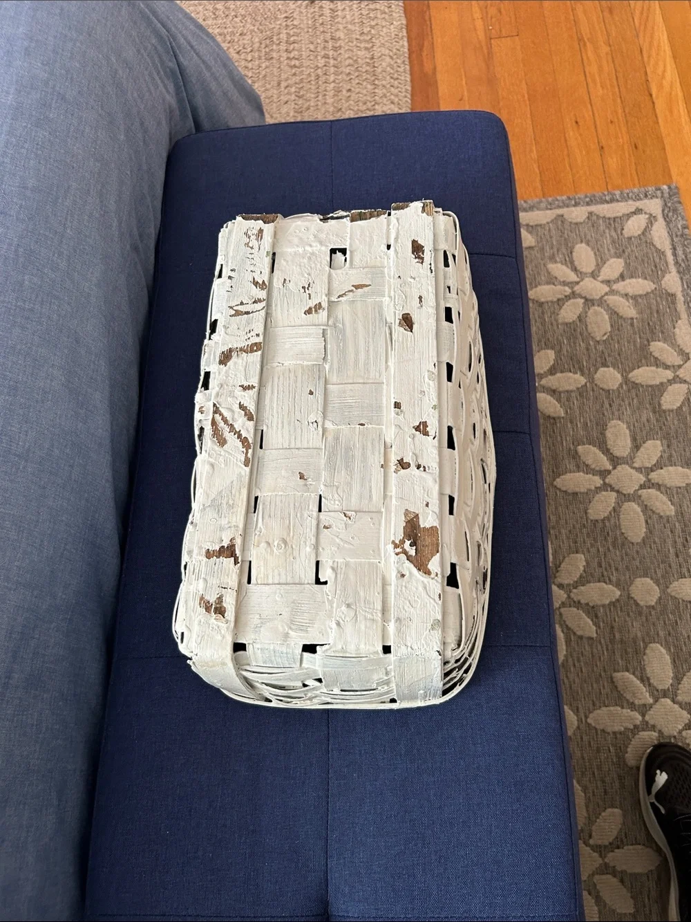 Vintage woven wood Storage Basket in White